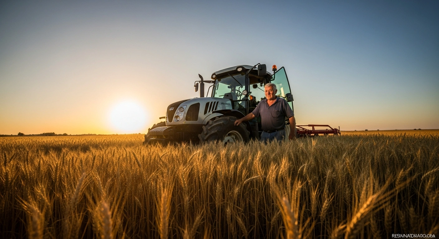 A Spanish farmer stands in a sunlit wheat field next to a tractor, representing the agricultural sector receiving state aid for fuel costs.