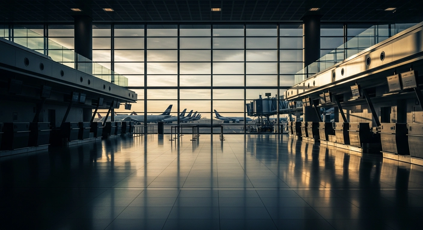 Empty check-in counters at a major Spanish airport during a strike by ground handling staff.