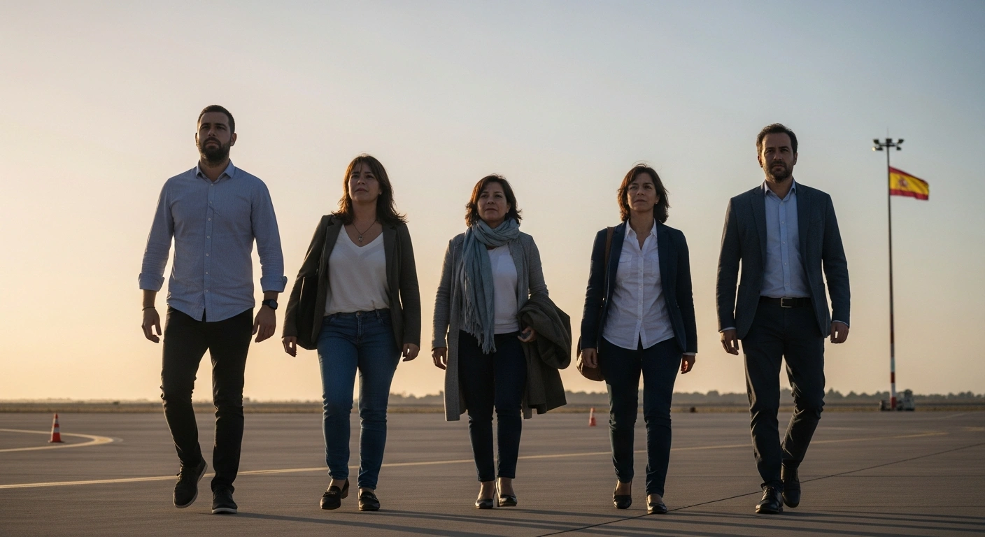 Five Spanish citizens, including human rights lawyer Rocío San Miguel, are depicted stepping onto an airport tarmac in Madrid, following their release from detention in Venezuela and diplomatic efforts by Spain.