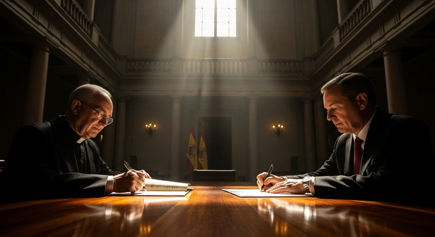 A solemn image shows a signed agreement on a polished mahogany table, illuminated by a dramatic shaft of golden sunlight, with two sets of hands, one clerical and one governmental, poised above it, symbolizing the landmark accord between Spanish Catholic bishops and the government for compensation to victims of clergy sexual abuse.