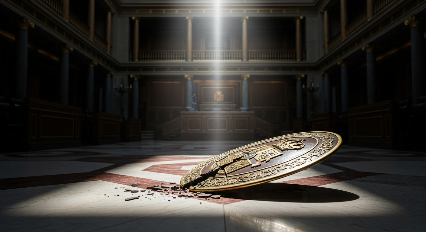 A broken, ornate shield lies on a polished marble floor in a grand, empty hall, symbolizing the Spanish Congress's rejection of the 'social shield' decree, which included anti-eviction measures for vulnerable families and housing provisions.