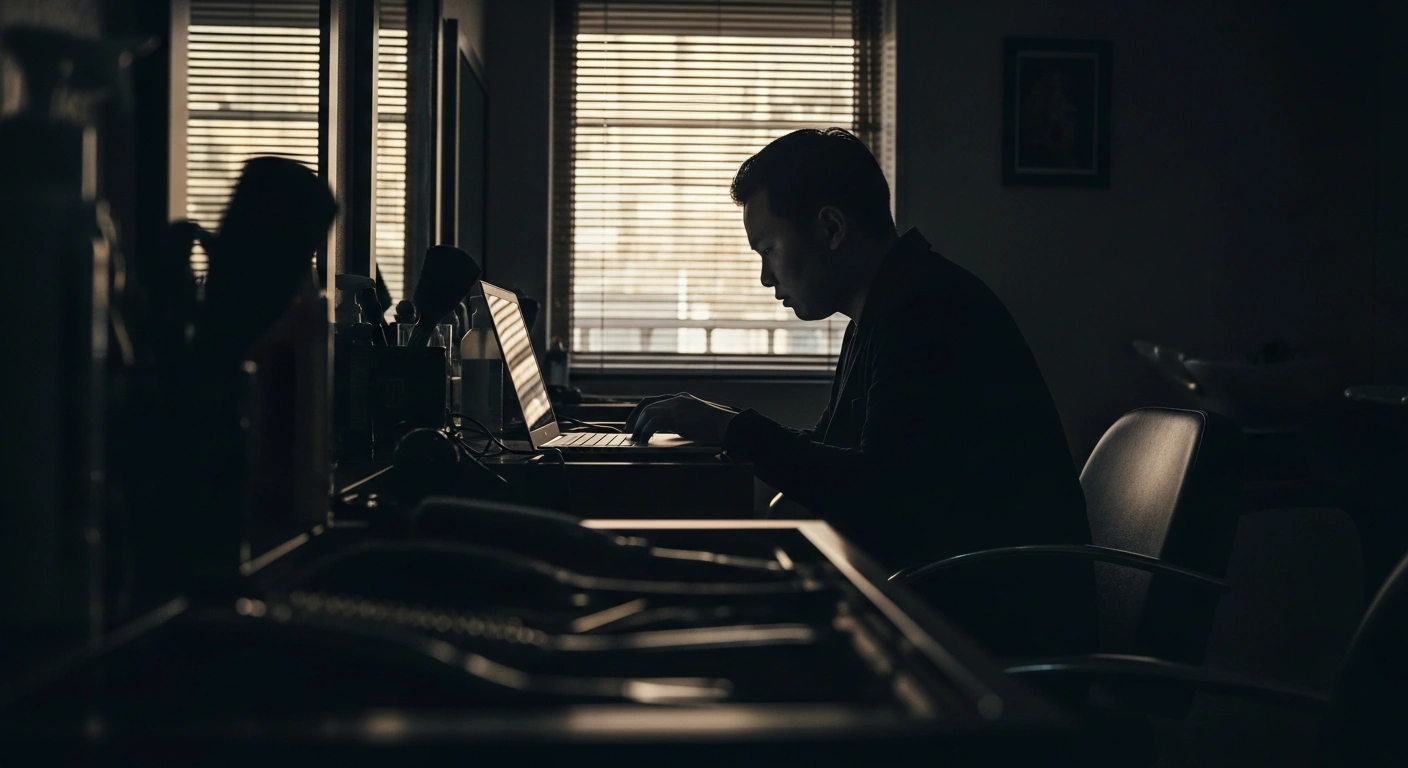 A shadowy figure sits hunched over a glowing laptop screen inside a dimly lit hair salon, suggesting the clandestine cryptocurrency transactions investigated by Spanish authorities involving a Chinese national funneling €600,000 to Hamas near Barcelona.