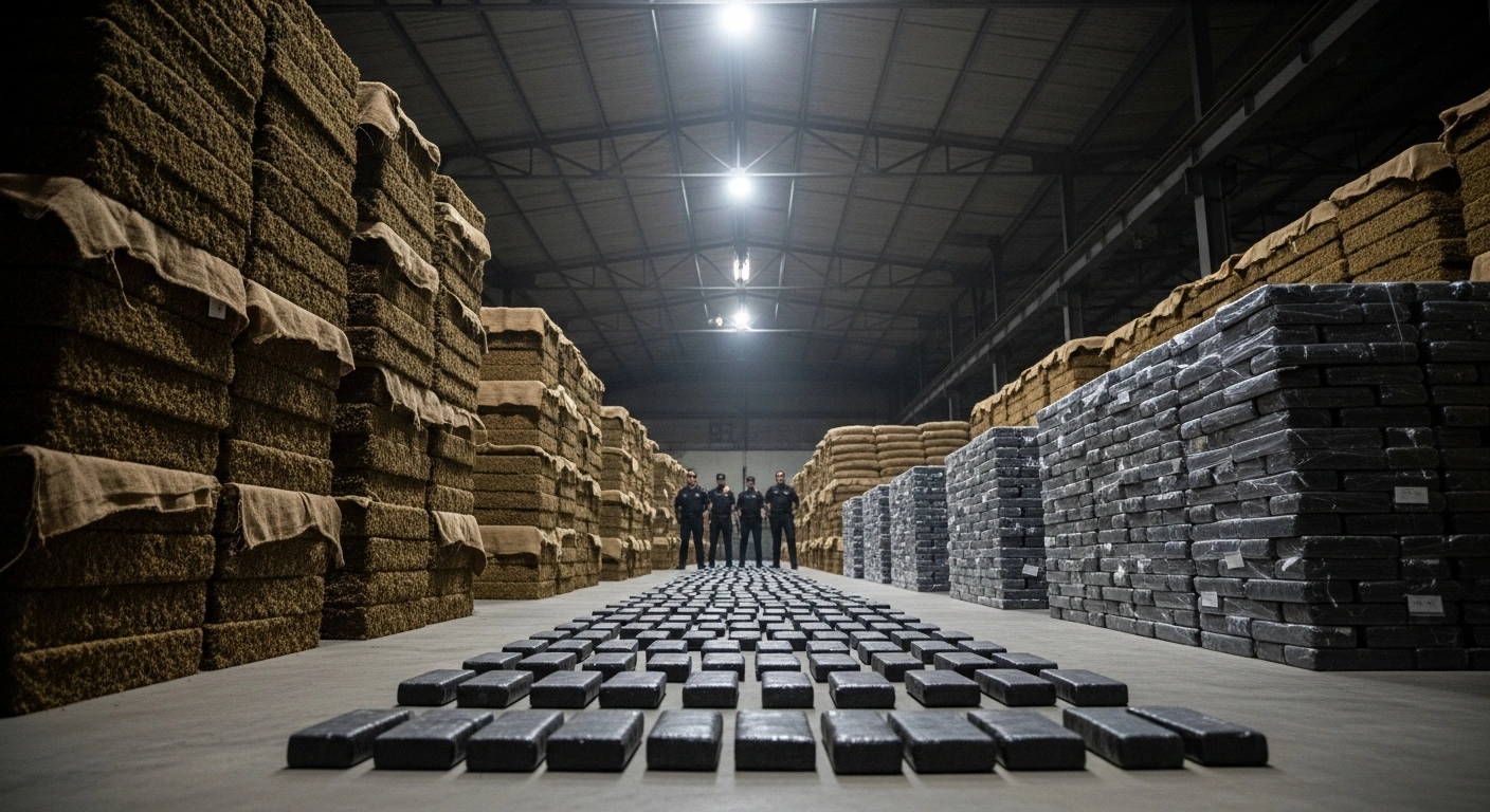 A low-angle shot inside a dimly lit industrial warehouse in southern Spain shows towering stacks of seized hashish bales and cocaine packages, guarded by law enforcement officers, representing the dismantling of a major drug trafficking network by Spanish authorities and Europol.