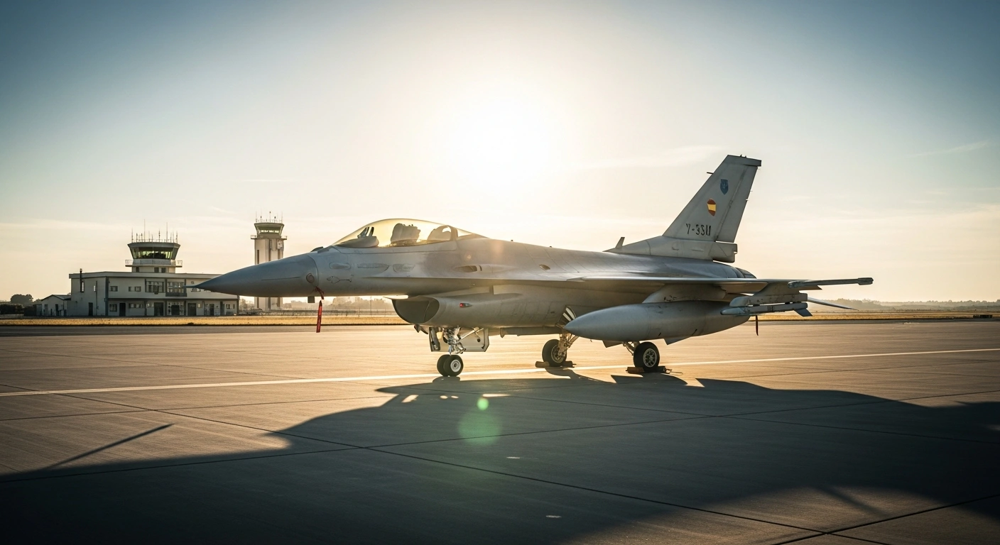 A modern fighter jet sits on a Spanish military airbase runway, illustrating the lack of US-led defense procurement restrictions regarding Spain.