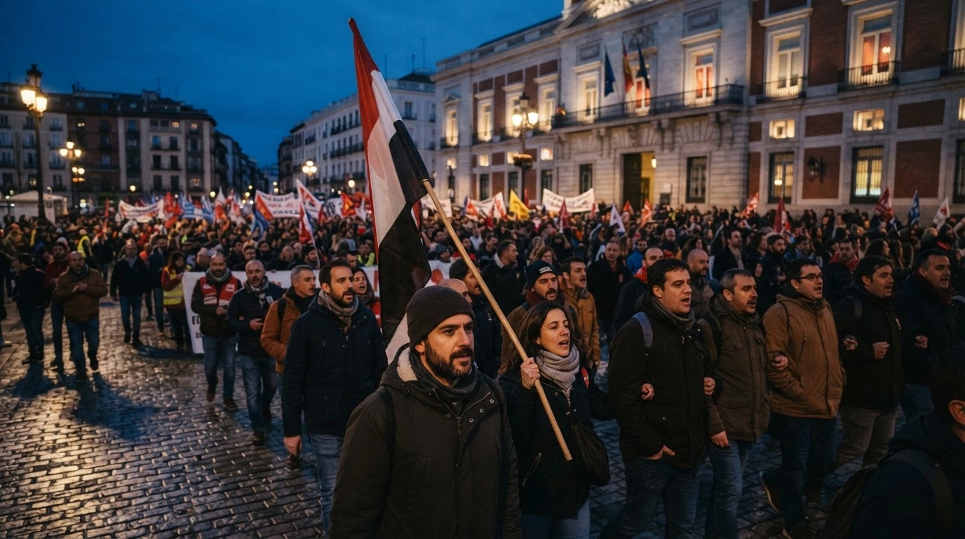 A large crowd of Spanish workers marches through a city square during a general strike ahead of the national election.