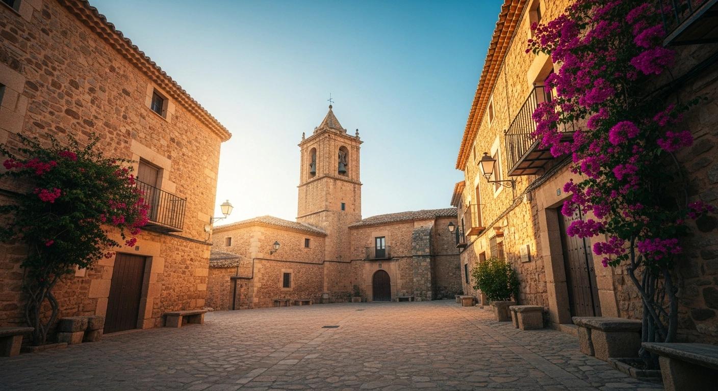 A sunlit historic plaza in a small Spanish village represents the heritage preservation efforts led by the Spanish Federation of Municipalities and Provinces.