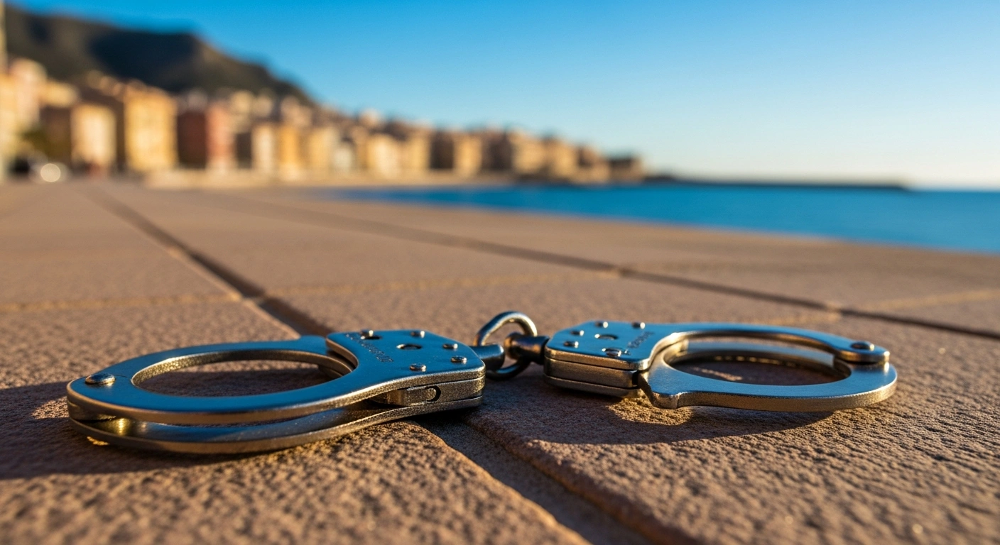 A pair of police handcuffs lies on a stone walkway overlooking the Spanish coast following the arrest of a luxury watch theft ring.