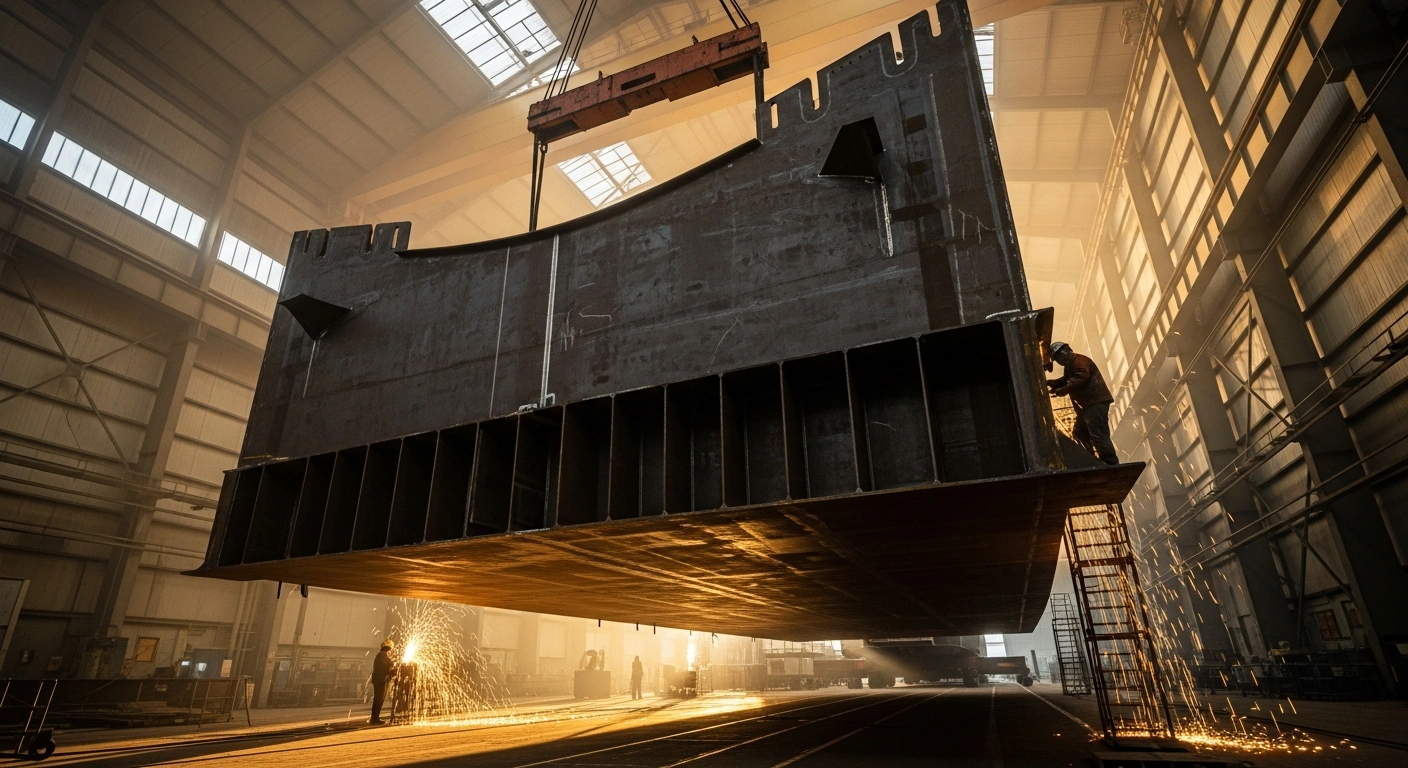 A large steel keel section for the Spanish Navy's new Diver Support Vessel is being lowered by a crane during a keel-laying ceremony at Freire Shipyard in Vigo, Spain, with workers and sparks visible in the background.