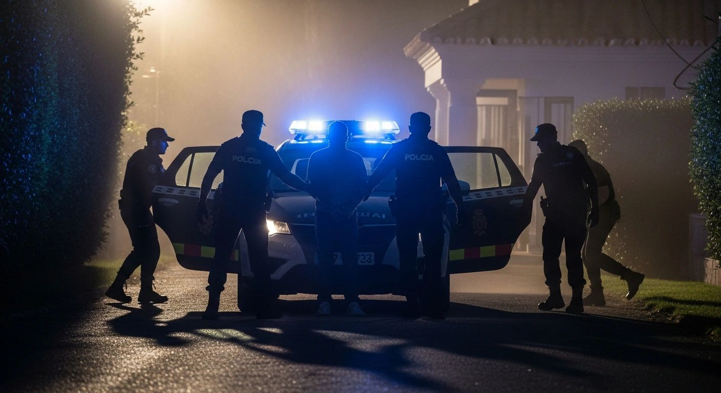 Spanish National Police officers escort a handcuffed suspect from a luxurious Marbella villa at night, illuminated by the flashing blue lights of a police car, following an international operation against a criminal network involved in violent armed robberies.