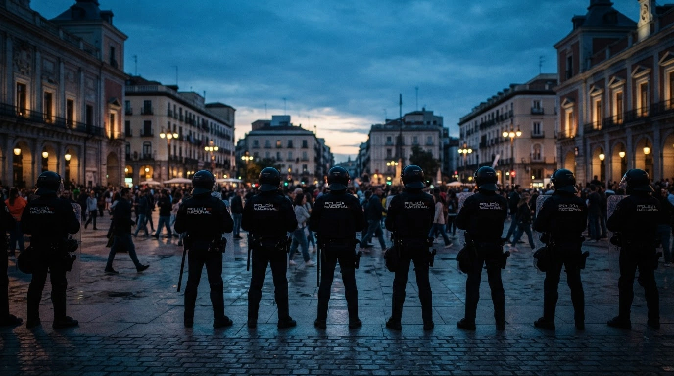 Spanish police officers stand guard in a city plaza during ongoing demonstrations as authorities issue security warnings to the public.