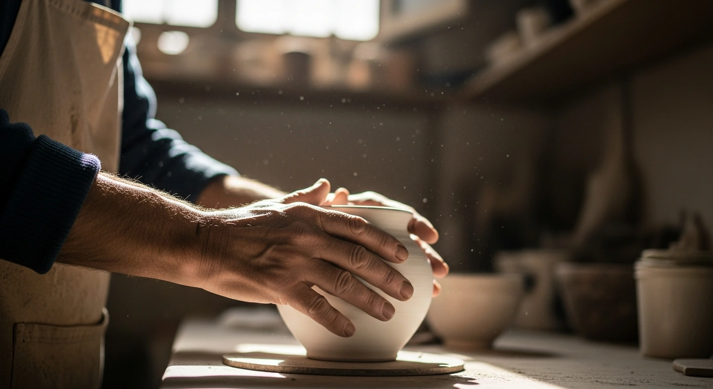 A close-up shot shows the hands of a Spanish artisan, possibly a ceramicist, carefully steadying an unglazed pot on a workbench, symbolizing the financial stability for self-employed workers as social security contributions remain at 2025 levels through 2026, a decision by the Spanish government.
