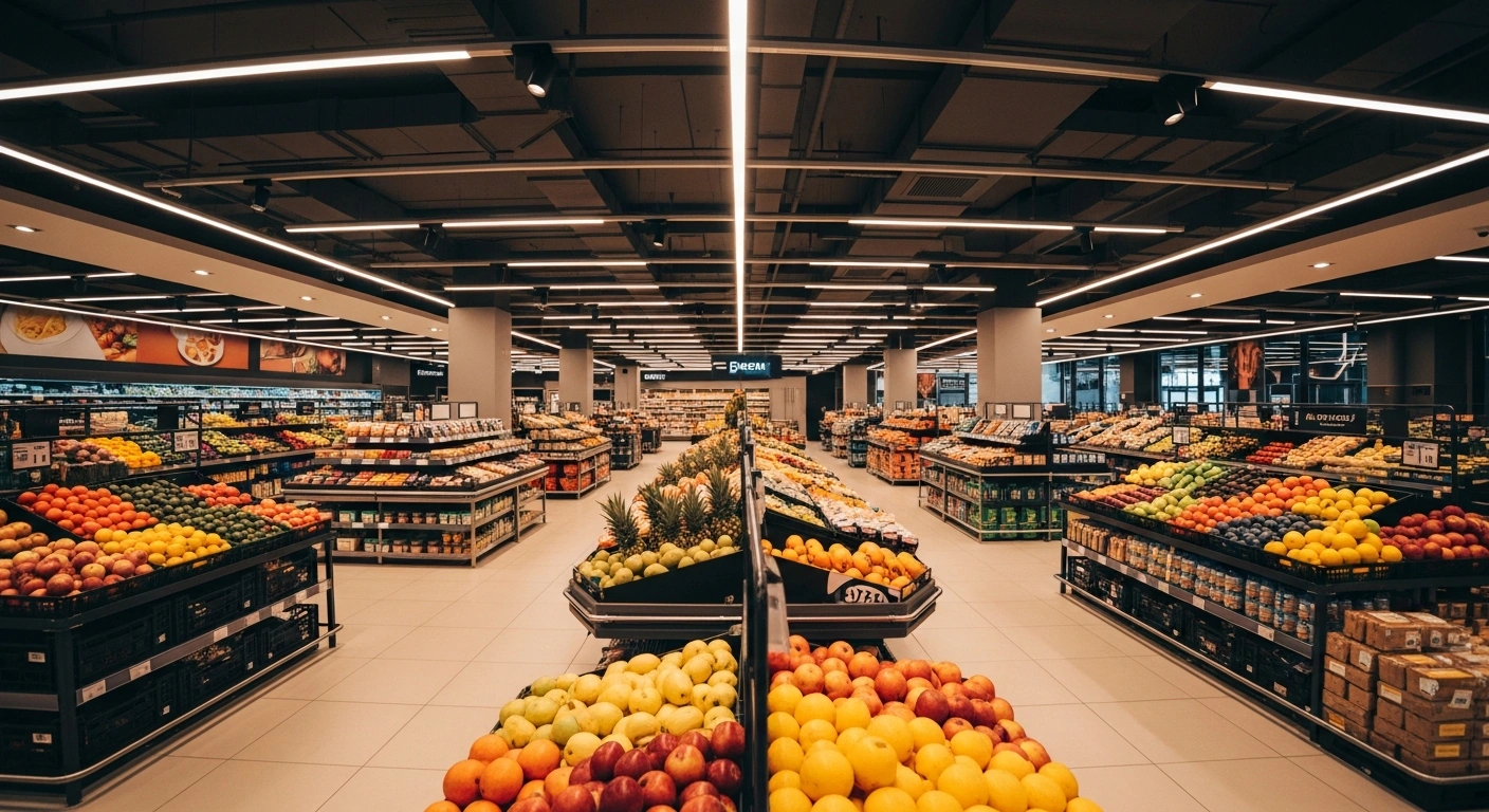 A modern, brightly lit SPAR supermarket interior in Skopje, North Macedonia, showcasing organized produce displays and a clean retail environment.