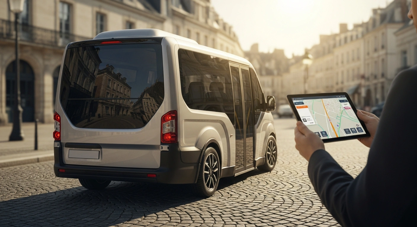 A modern accessible transit van representing the partnership between Spare and CitéMobil to improve transport services for individuals with reduced mobility in Île-de-France.