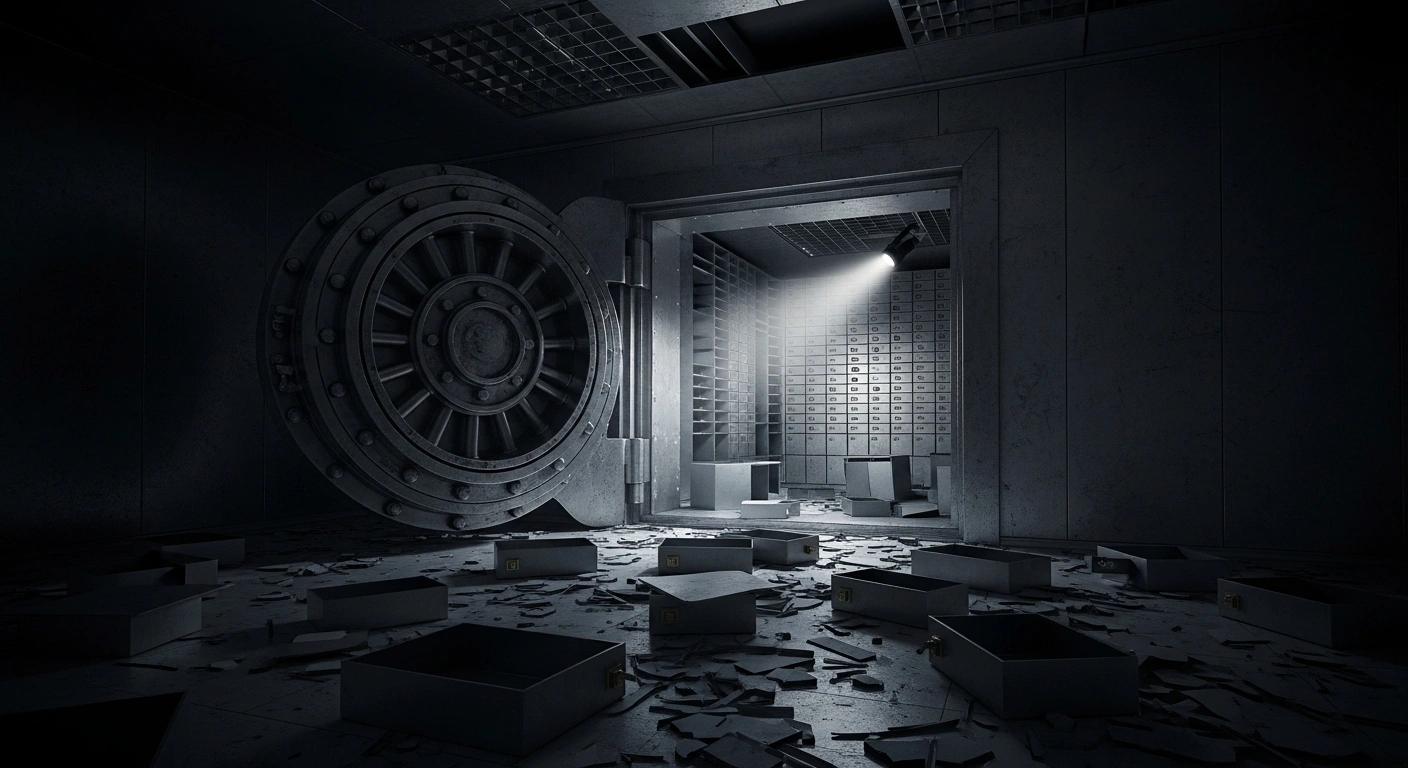 A dimly lit, breached bank vault at the Sparkasse Gelsenkirchen-Buer branch displays numerous empty and scattered safe deposit boxes, depicting the aftermath of a high-value burglary under police investigation.