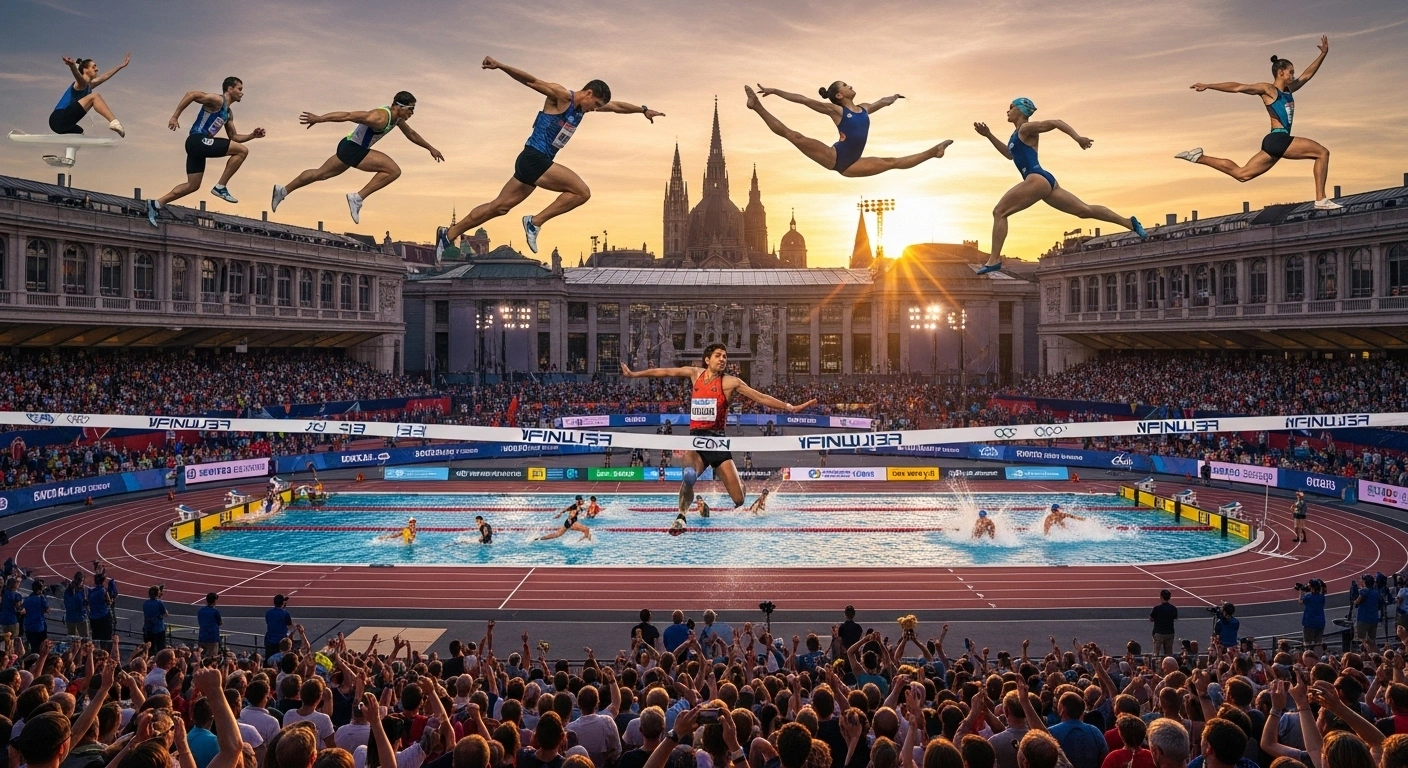 A wide-angle, dusk photograph captures a grand multi-sport event in Vienna, showcasing thousands of athletes competing across various disciplines with a large crowd of spectators and iconic Viennese architecture in the background, representing the Sport Austria Finals in 2026.