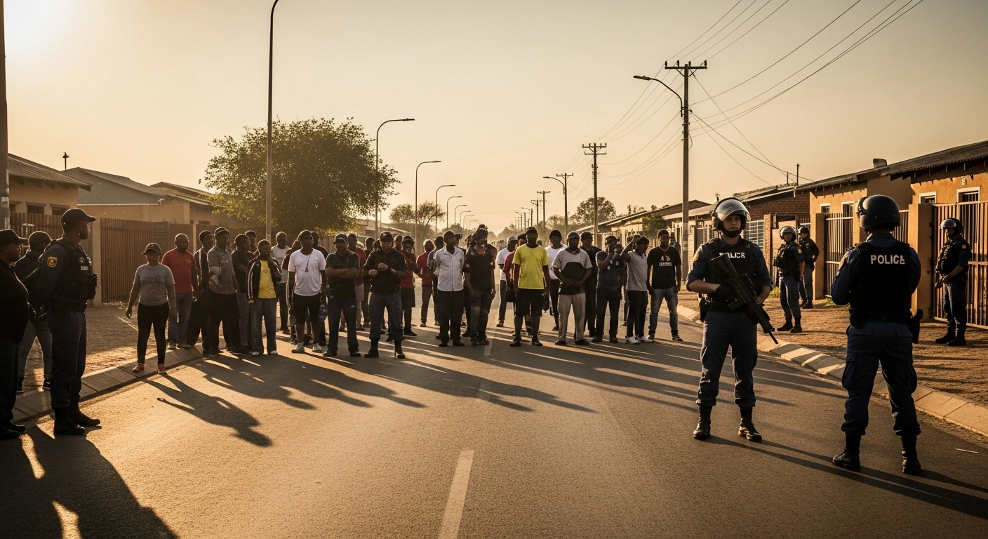 Local residents in Springs, Ekurhuleni, gather for a protest regarding immigration and employment concerns as police officers monitor the scene.