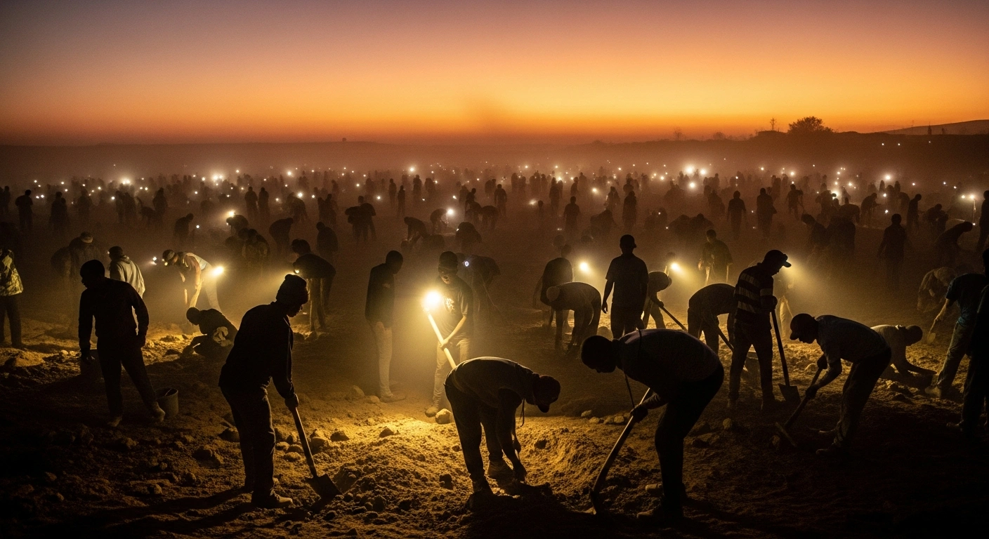 Hundreds of people are seen digging for gold nuggets in a dusty, informal settlement in Springs, South Africa, at dawn, illustrating the informal gold rush in Gugulethu and the associated safety and environmental risks.
