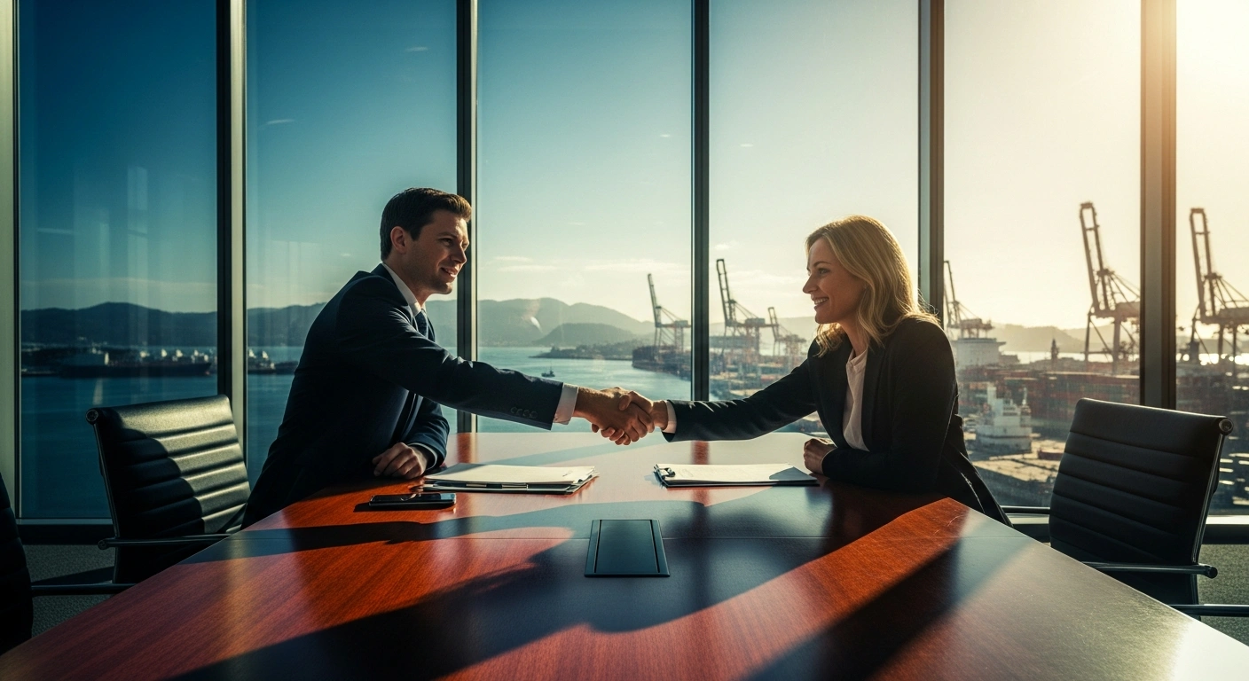 Business representatives from Sri Lanka and Brazil shake hands to symbolize a new economic agreement aimed at increasing bilateral trade to one billion dollars.