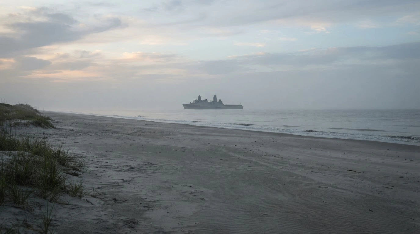 An empty beach stands silent as a naval ship remains anchored in the distance following the cancellation of the Ssang Yong joint amphibious landing exercise.