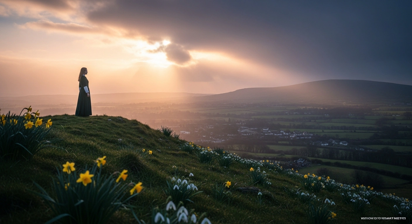 A wide, cinematic shot of a verdant Irish landscape at dawn, with a powerful female figure standing on a hill overlooking a community gathering, symbolizing the celebration of St. Brigid's Day, the arrival of spring on February 1st, and the recognition of women's creativity, achievements, and leadership in Ireland.