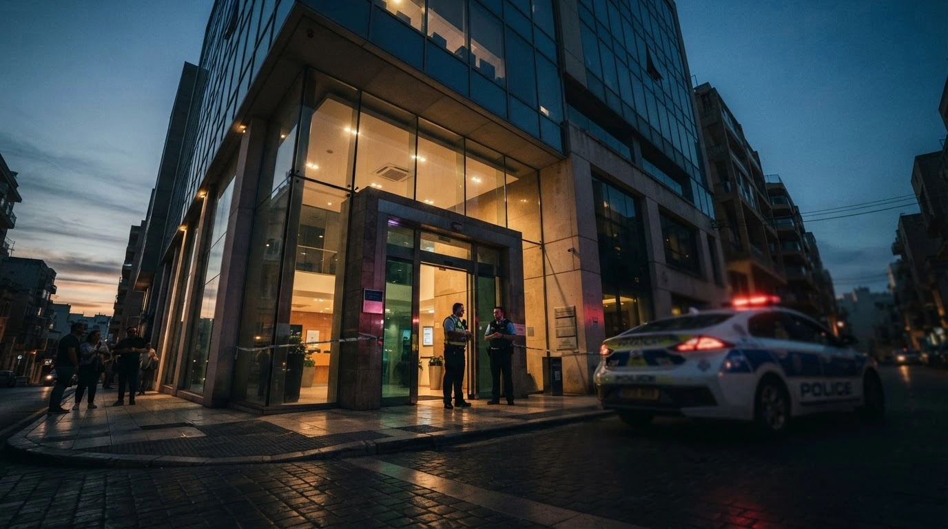 A police vehicle parked outside a modern office building in St Julian's following an incident involving an armed man.
