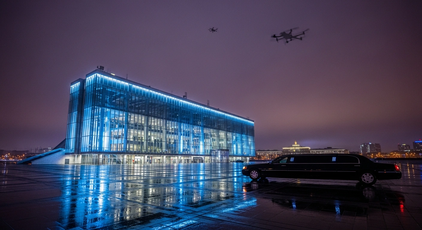 A modern convention center in St. Petersburg is shown at twilight with a drone silhouette visible in the sky above the site of the St. Petersburg International Economic Forum.