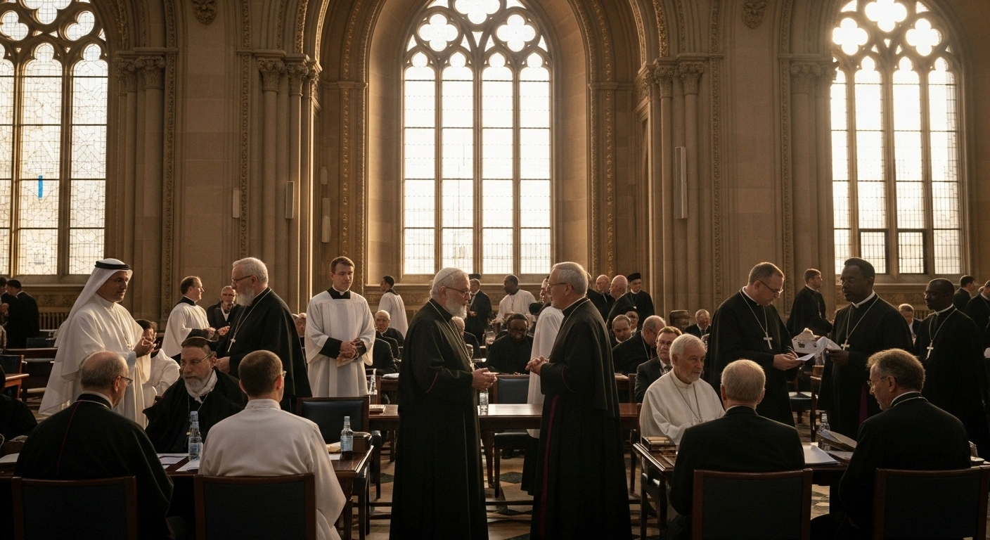 A diverse group of religious, intellectual, and academic figures are engaged in interfaith dialogue within a grand, ornate hall, representing the St. Petersburg International Religious Forum focused on spiritual and moral development and global challenges.