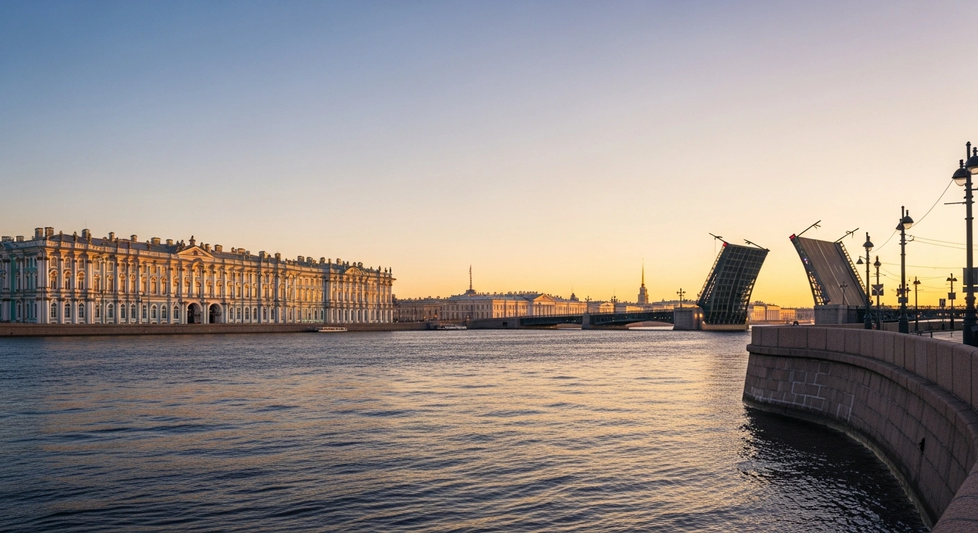 The historic architecture of St. Petersburg is illuminated by the soft, continuous twilight of the annual White Nights phenomenon.