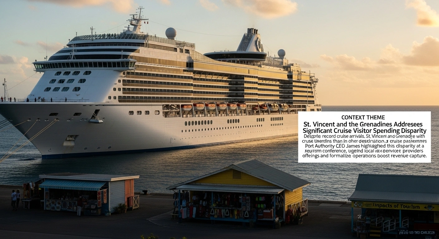 A large, luxurious cruise ship is docked in the harbor of St. Vincent and the Grenadines at golden hour, with small, quiet local market stalls in the foreground, illustrating the challenge of low cruise passenger spending despite record arrivals, as highlighted by Port Authority CEO Carl James.