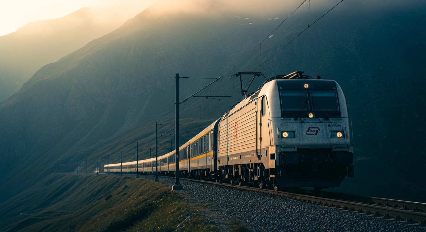 A Stadler Euro9000 locomotive undergoes test operations on a railway track through the mountainous Brenner corridor in Italy.
