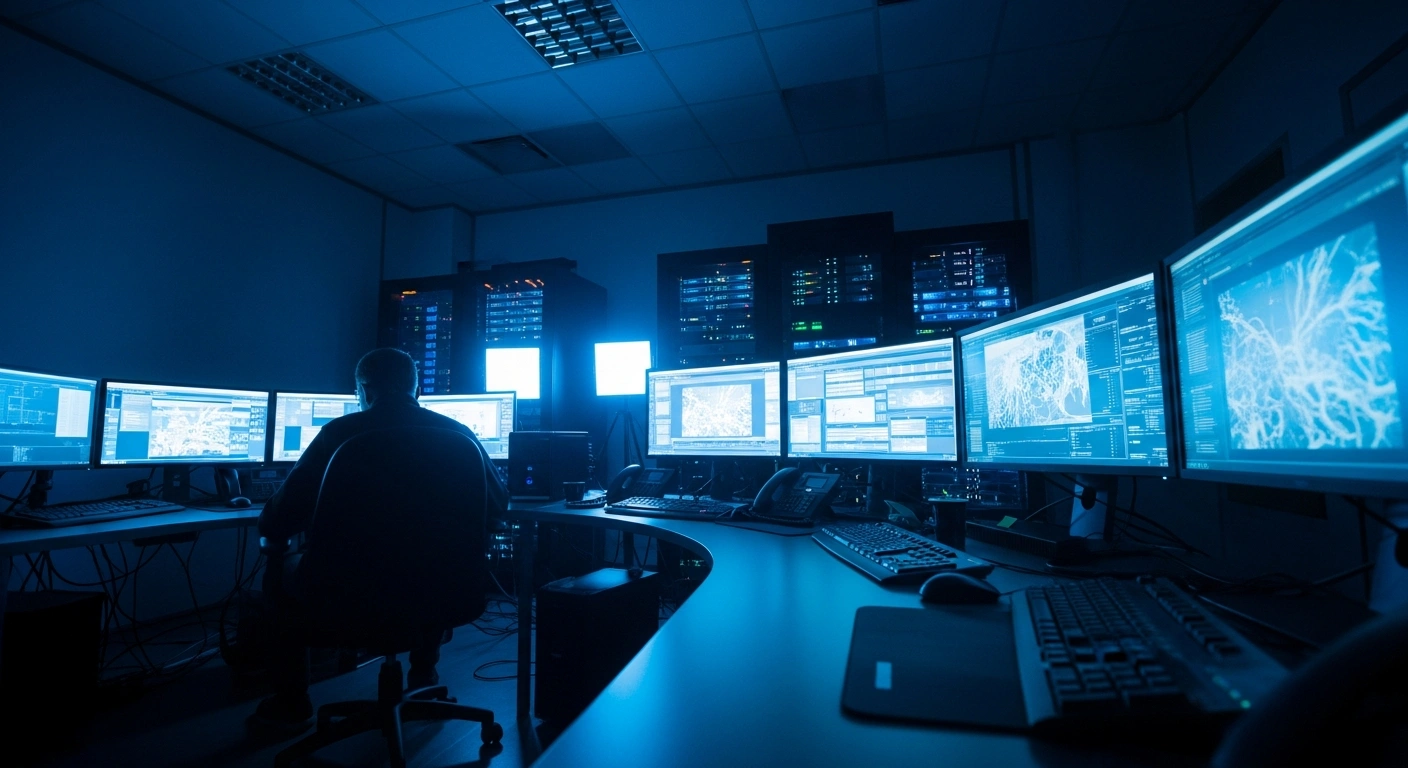 A dark, modern office space with glowing computer monitors represents the digital investigation of a man from Stafford who pleaded guilty to terrorism offences.