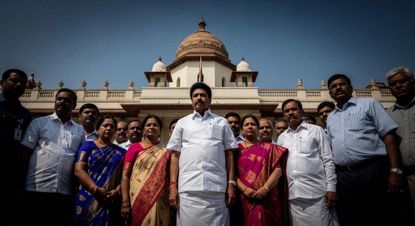 Tamil Nadu Chief Minister M.K. Stalin and a multi-party alliance stand resolutely before a grand courthouse, symbolizing their challenge to the Election Commission's Special Intensive Revision of voter rolls in the Supreme Court.