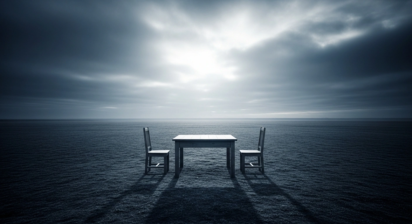 A wide shot of an empty table in a barren field representing the lack of formal peace negotiations between the United States, Russia, and Ukraine.