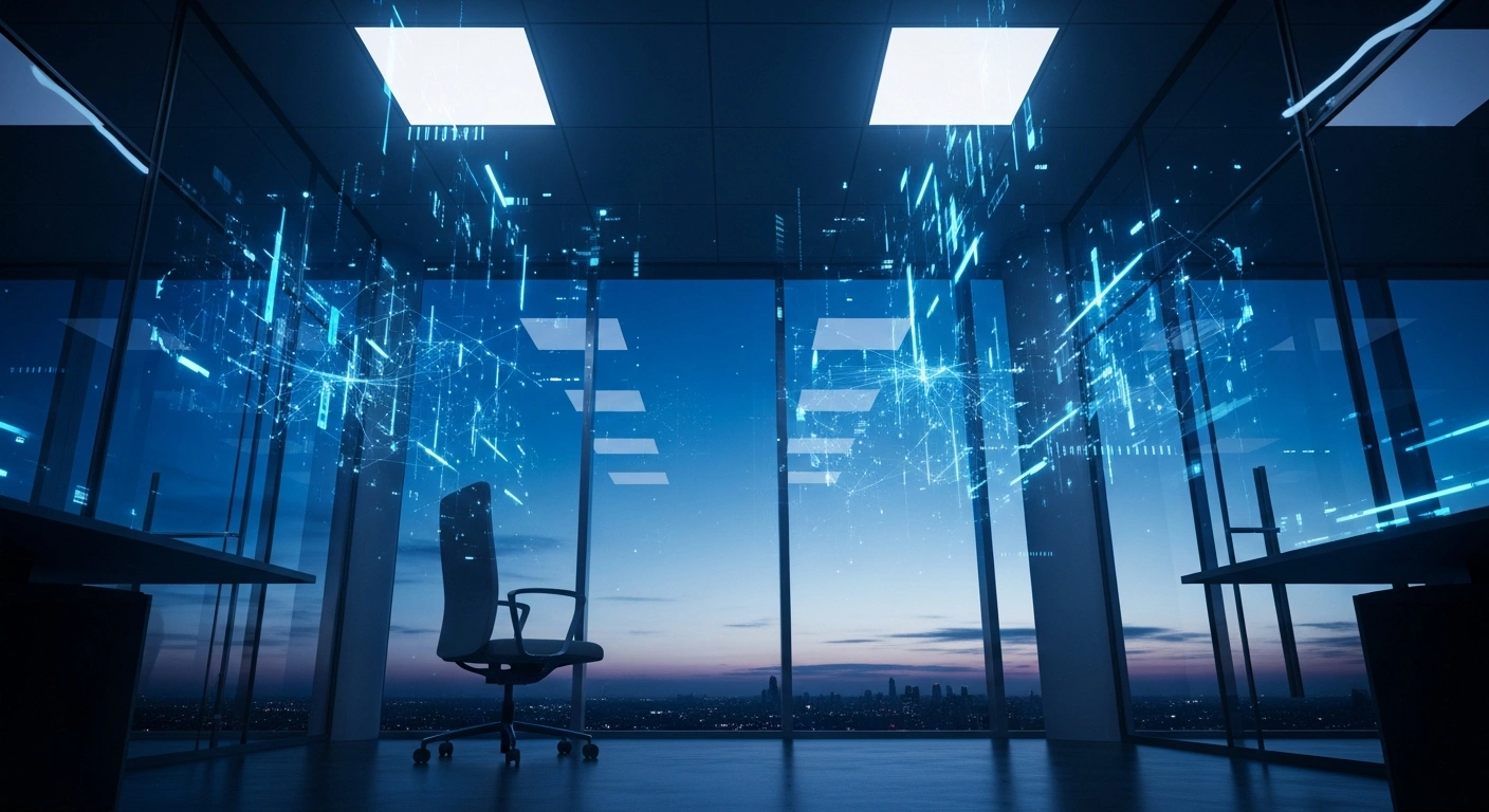 An empty office chair sits in a modern, dimly lit financial workspace representing the workforce reduction at Standard Chartered due to artificial intelligence integration.