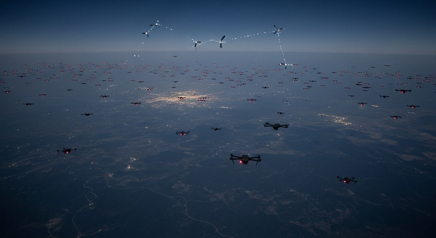 A high-altitude night view depicts hundreds of small drones with pulsating red lights forming a distributed jamming network over a vast, dark landmass, disrupting the faint trails of satellite constellations, illustrating a Chinese research team's simulation of electronic warfare against Starlink across a Taiwan-sized area.
