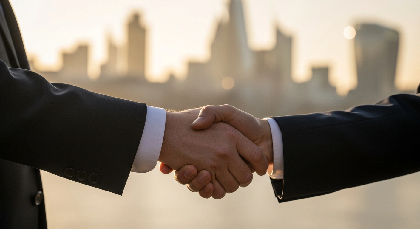 A British Prime Minister, resembling Keir Starmer, and a Chinese official firmly shake hands, symbolizing the reset of UK-China relations and a boost in trade, with a blurred background showing a blend of London and Beijing architecture.