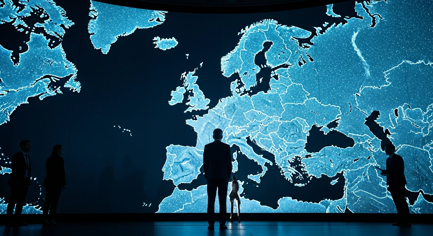 A determined figure, representing UK Prime Minister Keir Starmer, stands before a large holographic map of Europe, contemplating enhanced defence cooperation and potential participation in the EU's SAFE fund amidst global security concerns, ahead of trade discussions with EU officials.