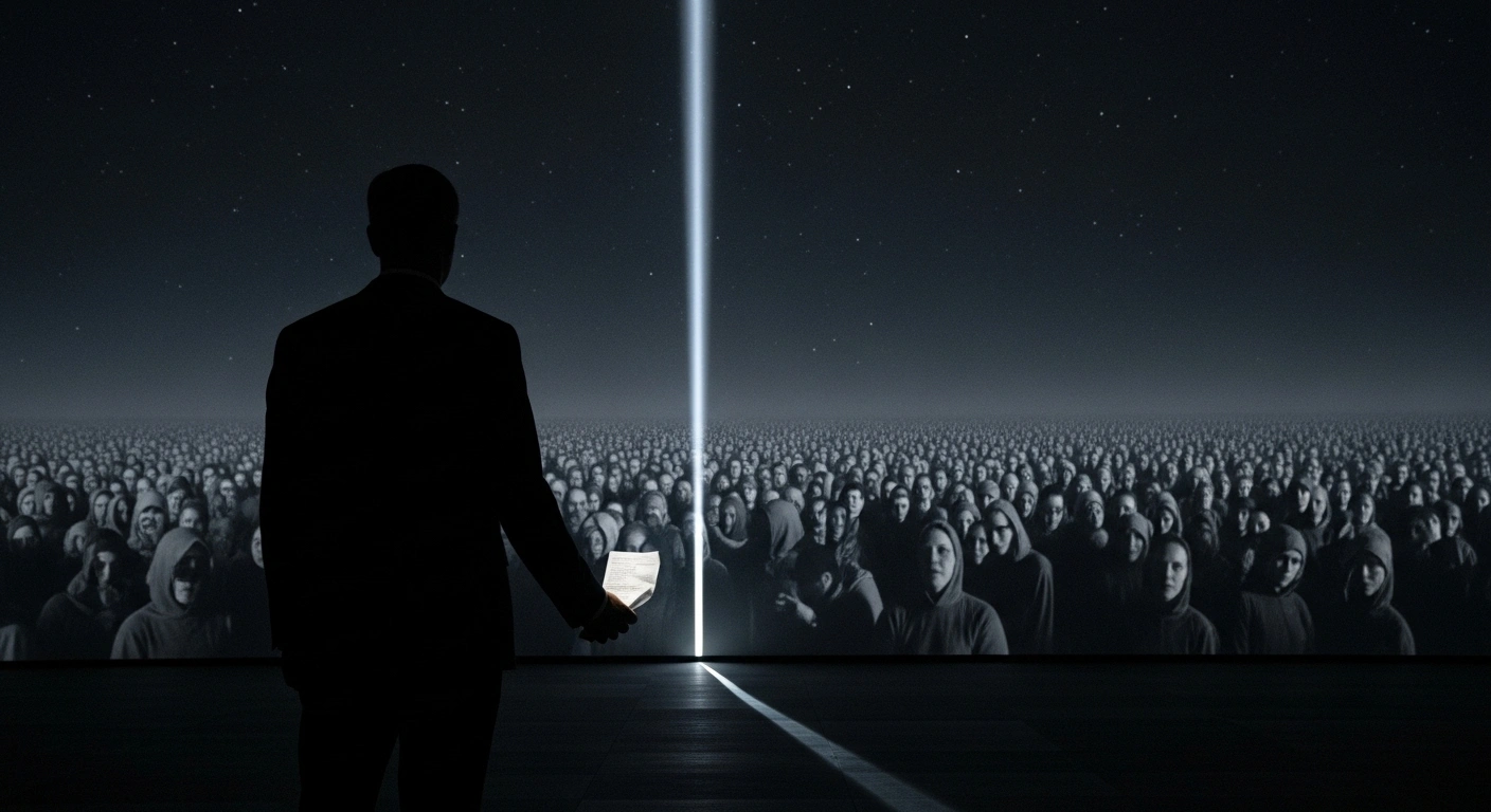 A lone, silhouetted figure, representing Prime Minister Keir Starmer, stands burdened before a dimly lit wall displaying faint, ghostly projections of human faces, symbolizing the potential hundreds of thousands of preventable deaths if the UK cuts its contribution to the Global Fund to Fight AIDS, Tuberculosis, and Malaria.