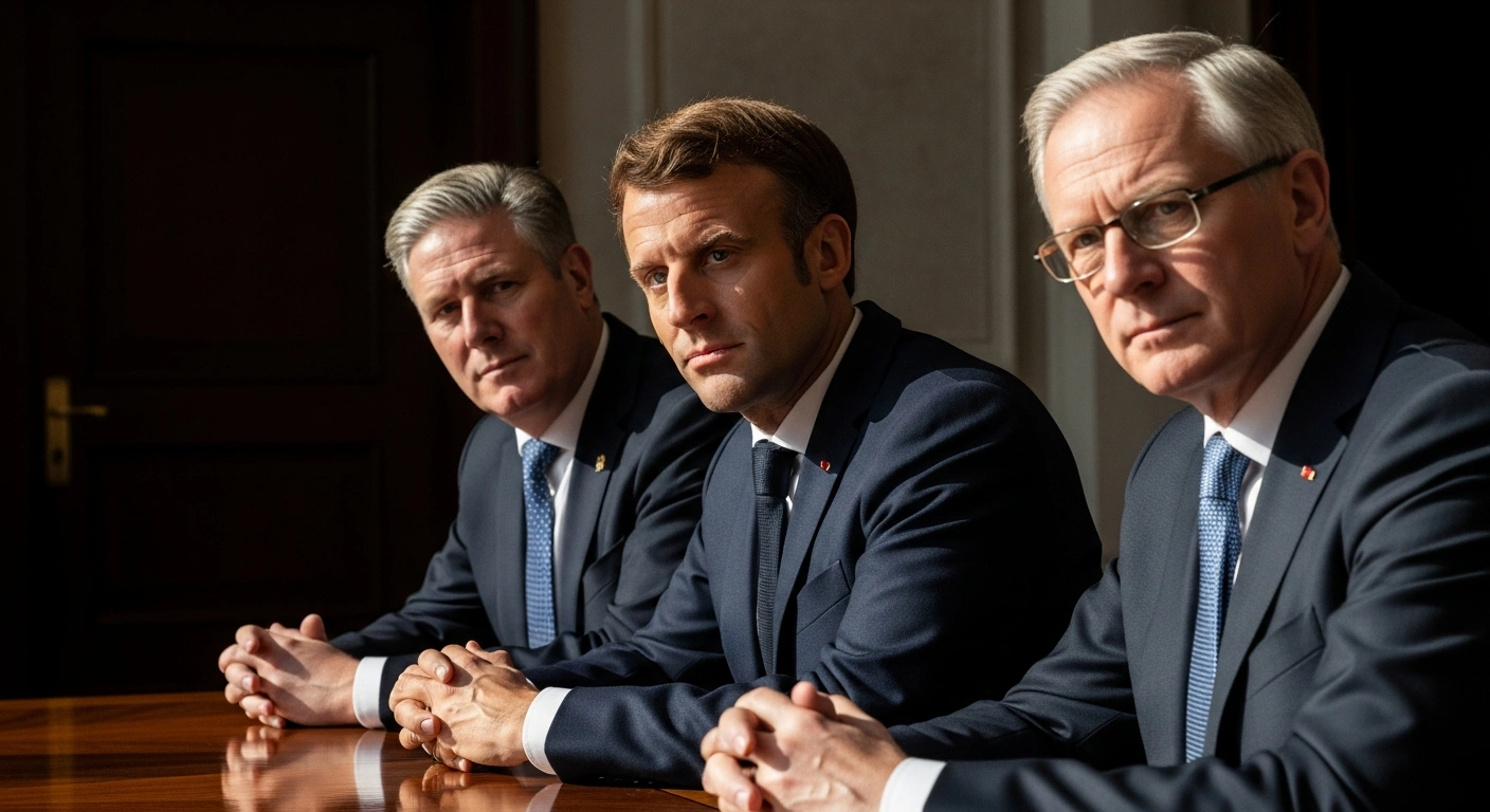 UK Prime Minister Keir Starmer, French President Emmanuel Macron, and German Chancellor Friedrich Merz are seated around a dark table, engaged in serious discussions about a just and lasting peace in Ukraine and continued support for Kyiv.