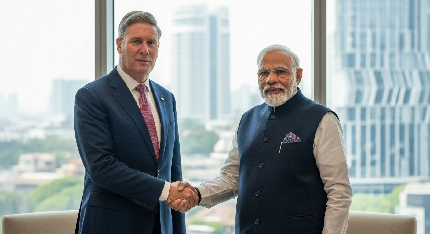 UK Prime Minister Keir Starmer and Indian Prime Minister Narendra Modi shake hands in a modern conference room in Mumbai, symbolizing their efforts to advance bilateral relations and implement the Free Trade Agreement during Starmer's inaugural official visit to India.