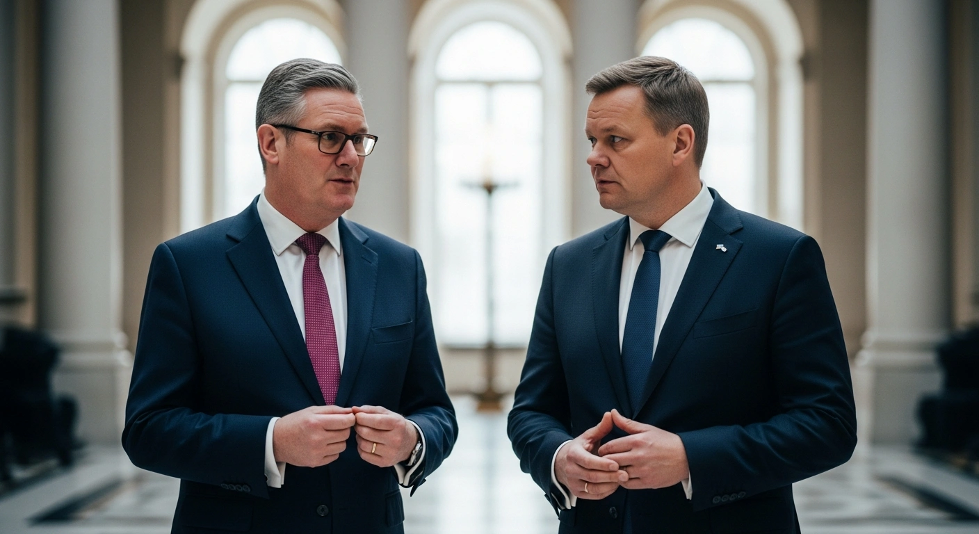 UK Prime Minister Keir Starmer and Finnish Prime Minister Petteri Orpo stand together in a formal hall to discuss defense and energy cooperation.