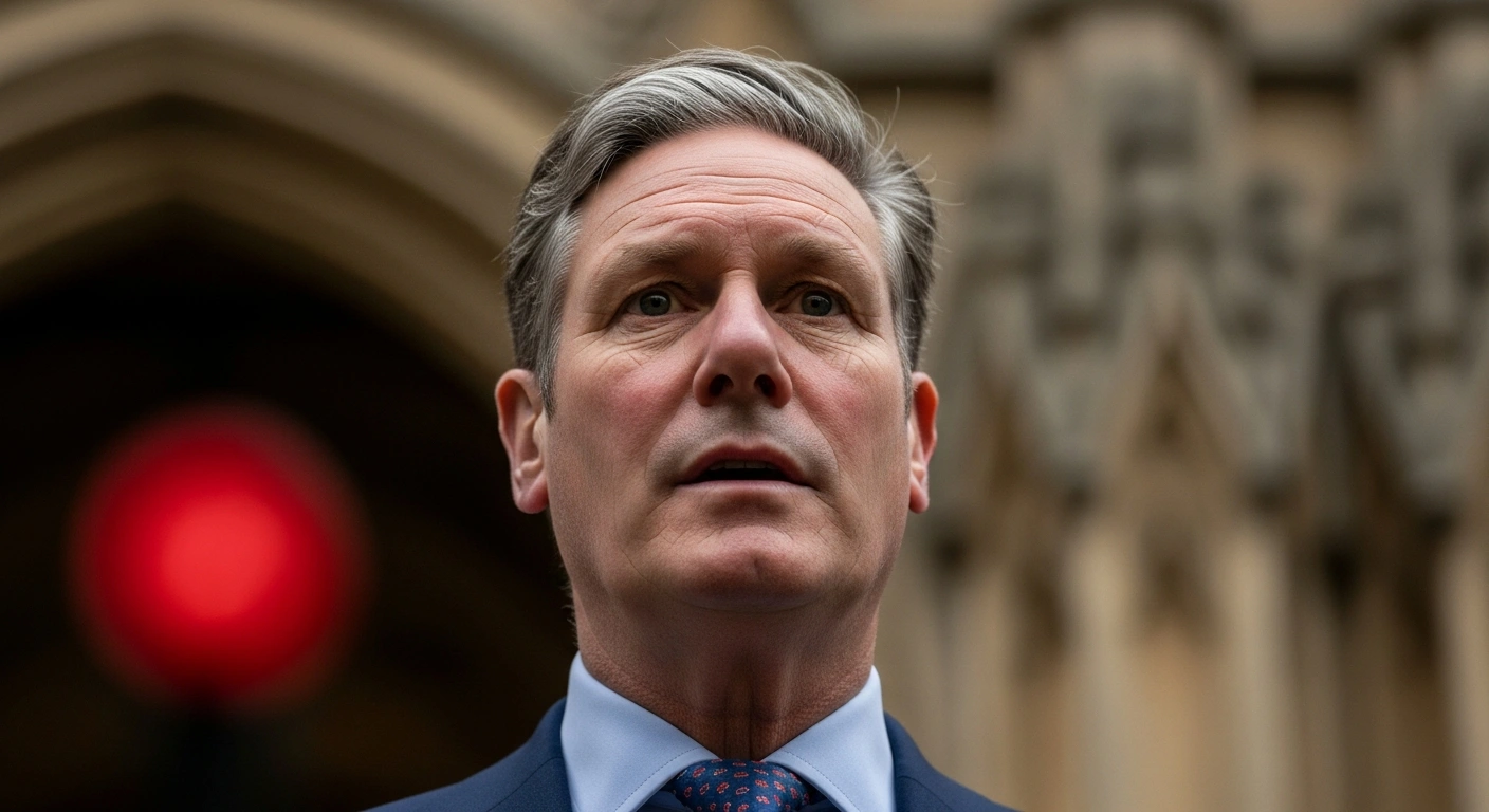 A close-up, low-angle portrait of UK Prime Minister Keir Starmer, his face showing strain under harsh, cold lighting, symbolizing the intense scrutiny of his leadership amidst a looming special election and calls for his resignation following revelations from the Jeffrey Epstein files and Peter Mandelson's arrest.