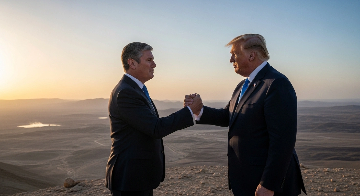 Two world leaders, one resembling Keir Starmer and the other Donald Trump, are depicted shaking hands at sunset over a desert landscape, symbolizing a brokered Gaza ceasefire deal and the promise of humanitarian aid.