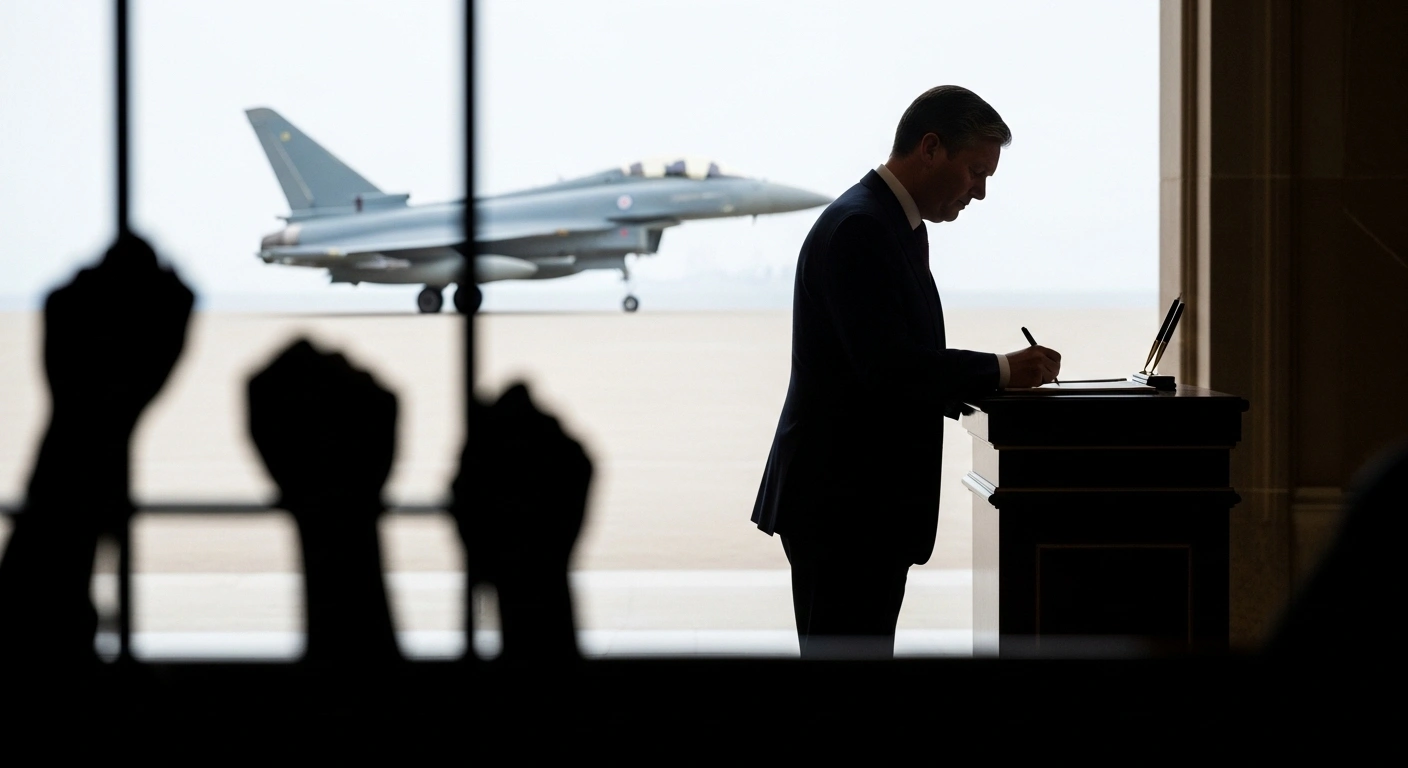 A high-contrast photograph depicts the UK Prime Minister signing a document in a formal setting, with a Eurofighter jet silhouette in the background, while blurred hands gripping what appear to be prison bars are visible in the shadowed foreground, symbolizing the human rights concerns during his visit to Turkey for an £8 billion jet deal.