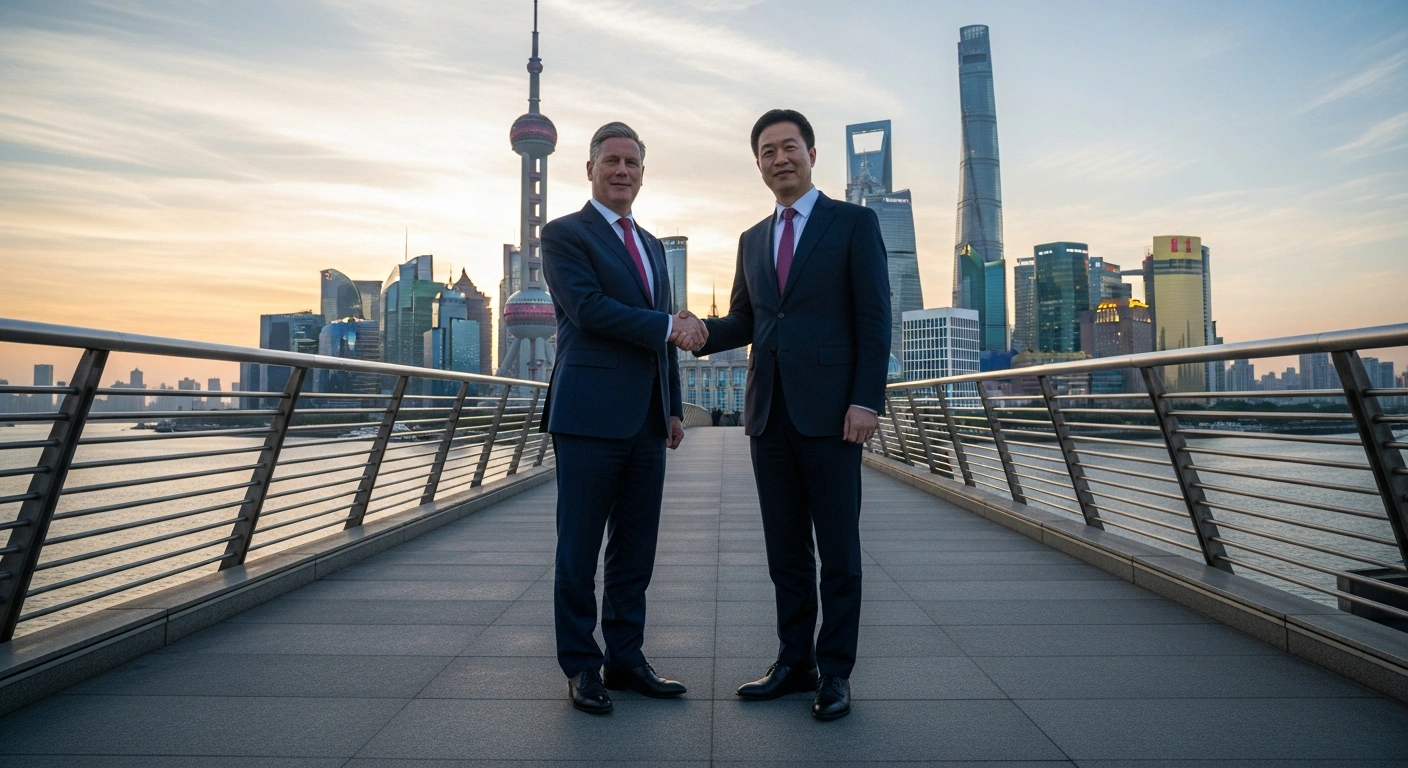 British Prime Minister Keir Starmer and a Chinese official shake hands on a modern bridge with the illuminated Shanghai skyline at sunset, symbolizing a significant reset in UK-China relations and new trade agreements.