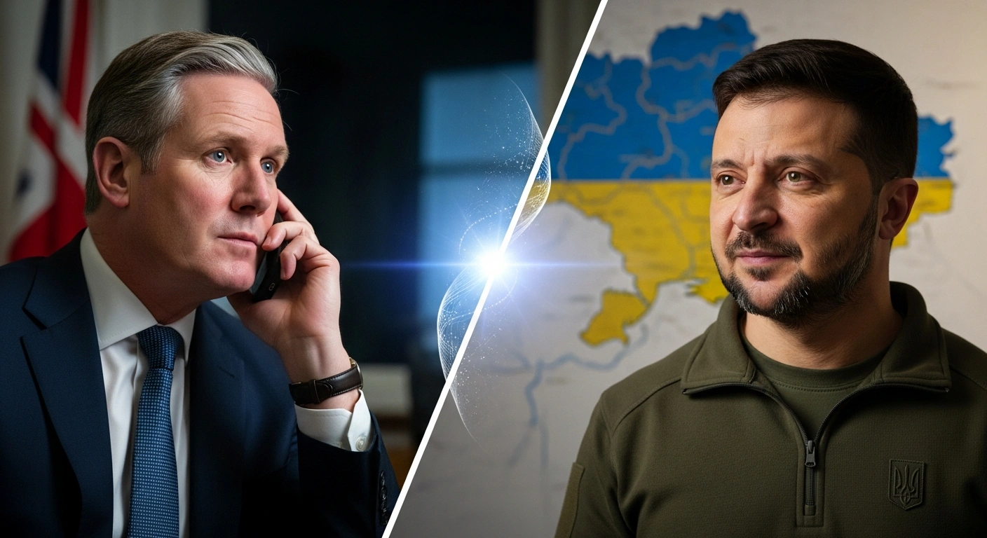 A split image shows UK Prime Minister Keir Starmer in a dimly lit office on the left, and Ukrainian President Volodymyr Zelenskyy with a hopeful expression and a map of Ukraine in the background on the right, symbolizing their phone call discussing peace efforts, a multinational force, and Ukraine's recovery funds from the Chelsea FC sale.