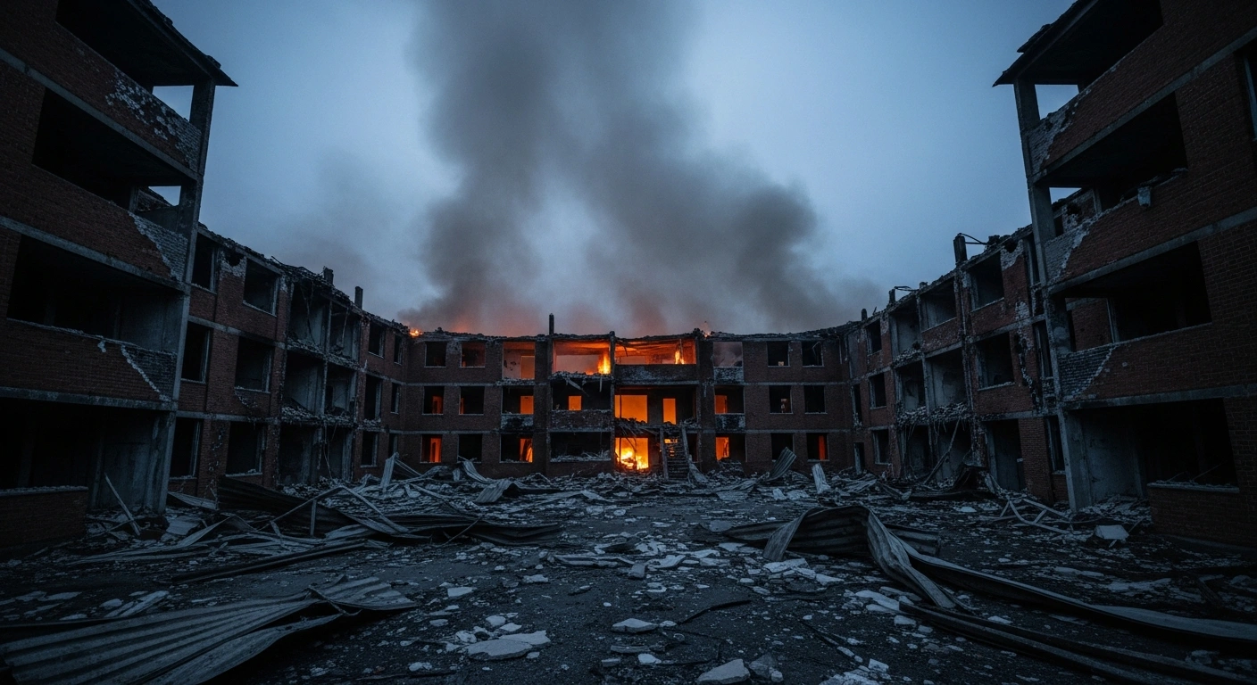 The damaged facade of a student dormitory in Starobilsk stands in ruins following a reported drone strike in the Luhansk region.