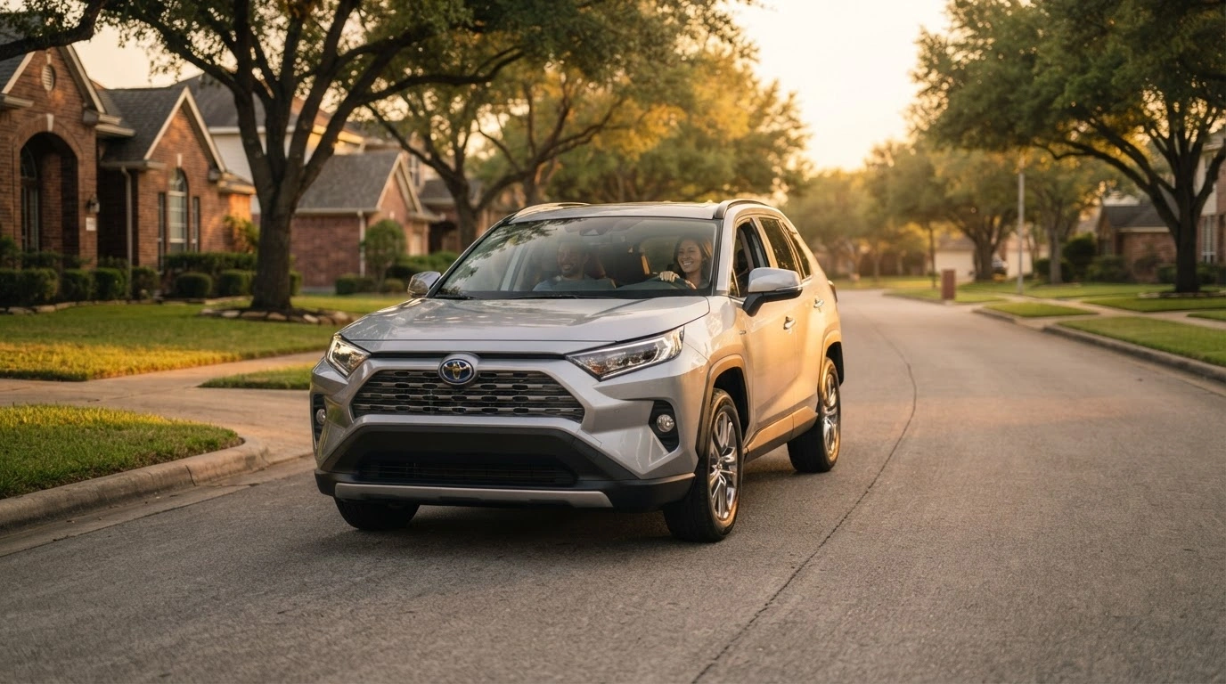 A modern car drives down a suburban street representing the financial relief provided by the State Farm national dividend program and auto insurance rate reductions.