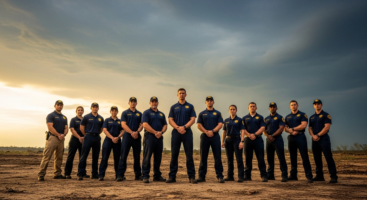State emergency responders stand in a disaster-stricken area as part of a shift toward state-led disaster management.