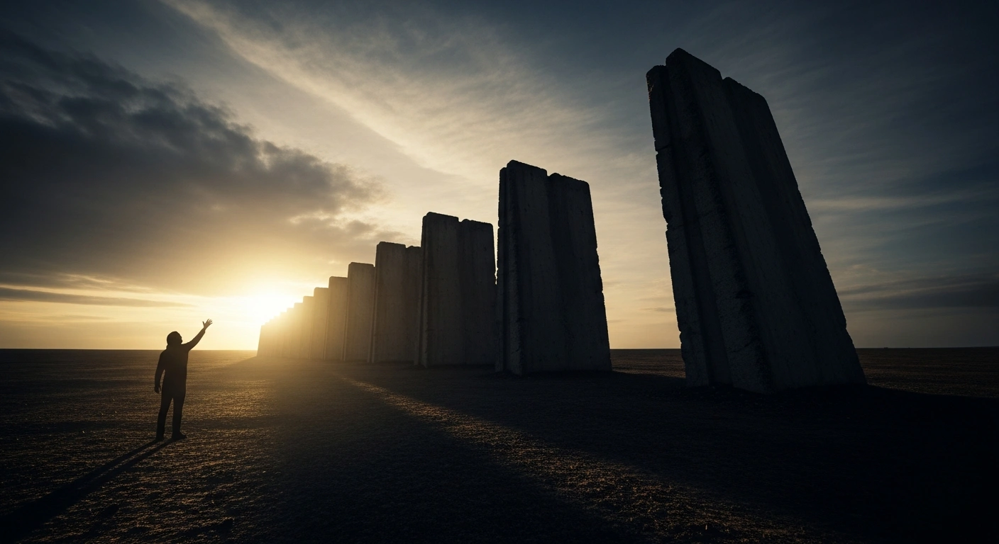 A lone, silhouetted figure reaches towards a distant golden light, but colossal, dark concrete barriers rise from the ground to obstruct the path, visually representing the obstruction of federal tax relief measures, including 'No Tax on Tips' and 'No Tax on Overtime' from the 'One Big Beautiful Bill Act,' by Democrat-led states, as described by U.S. Secretary of the Treasury Scott Bessent.